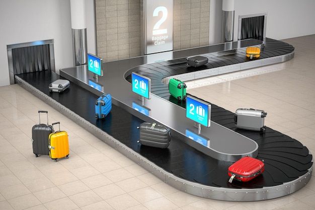 Gepäckband am Flughafen mit bunten Koffern.